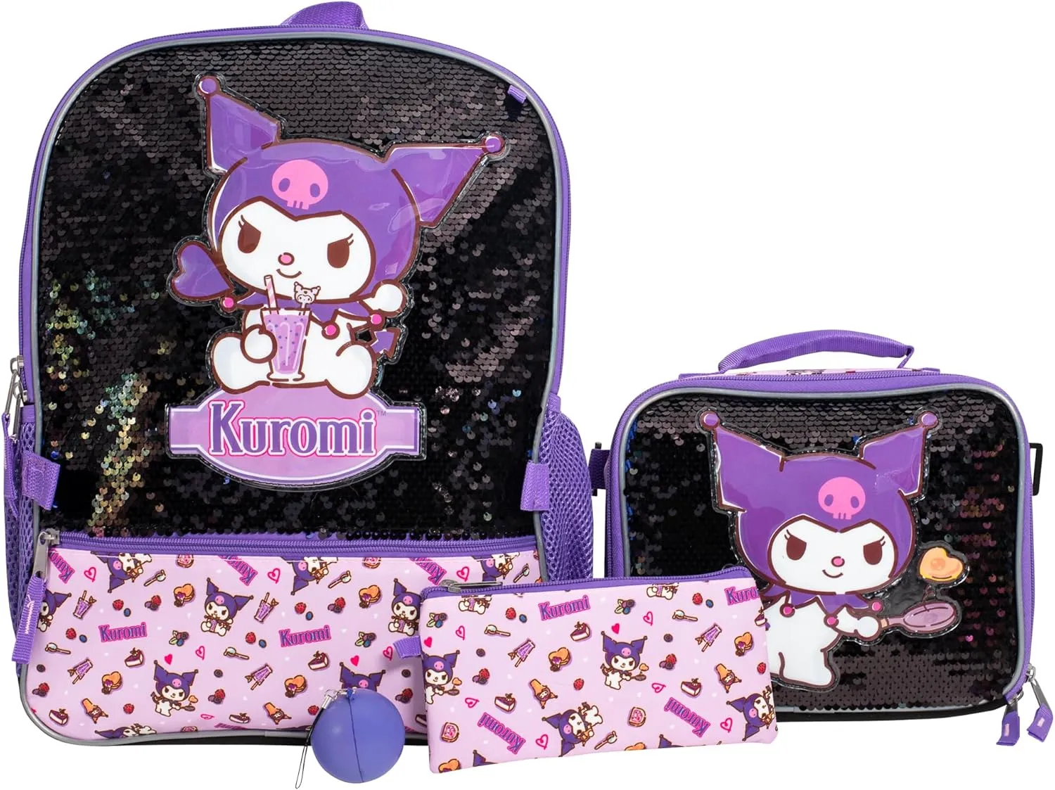AI ACCESSORY INNOVATIONS Sanrio’s Kuromi 4 Piece Backpack Set, Hello Kitty Kawaii Flip Sequin Girls School Bag with Front Zip Pocket, 2 Side Mesh Pockets, Black & Purple