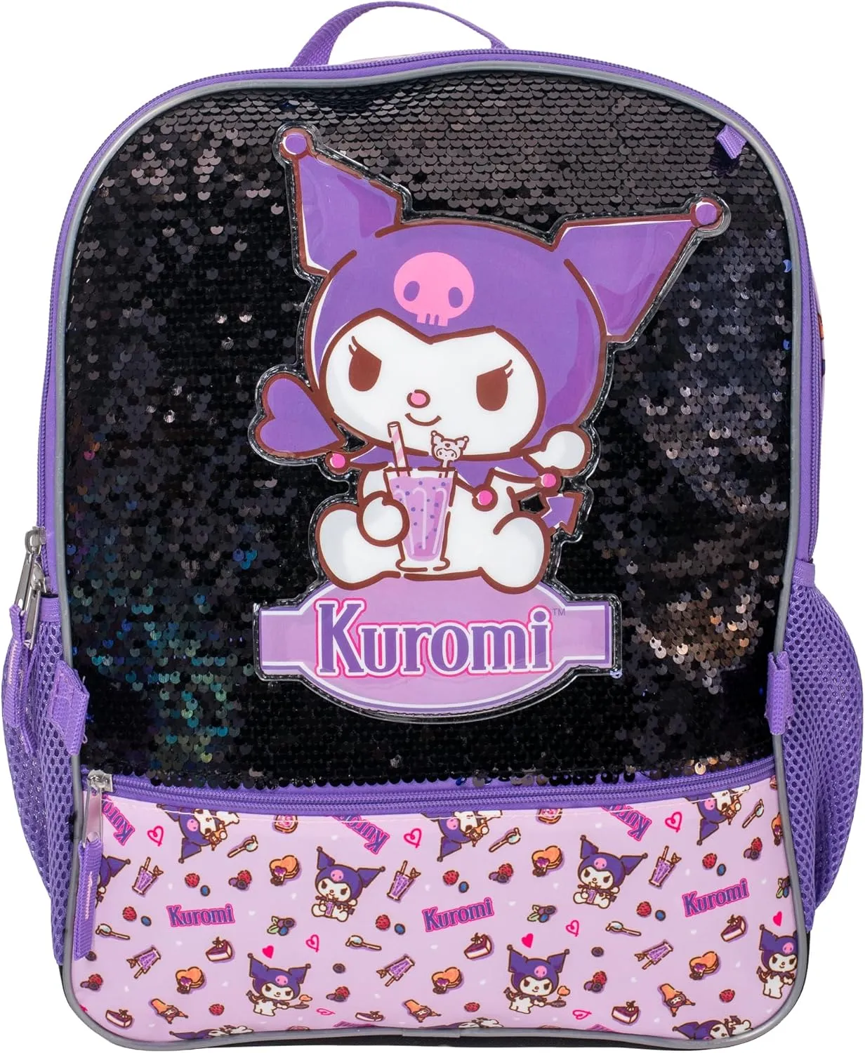 AI ACCESSORY INNOVATIONS Sanrio’s Kuromi 4 Piece Backpack Set, Hello Kitty Kawaii Flip Sequin Girls School Bag with Front Zip Pocket, 2 Side Mesh Pockets, Black & Purple