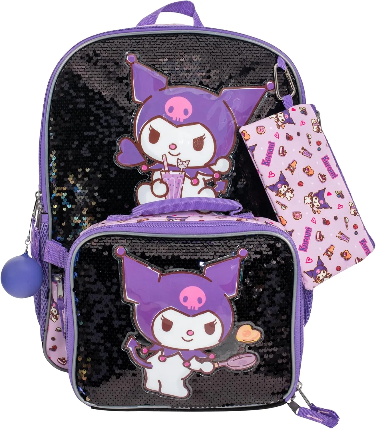 AI ACCESSORY INNOVATIONS Sanrio’s Kuromi 4 Piece Backpack Set, Hello Kitty Kawaii Flip Sequin Girls School Bag with Front Zip Pocket, 2 Side Mesh Pockets, Black & Purple
