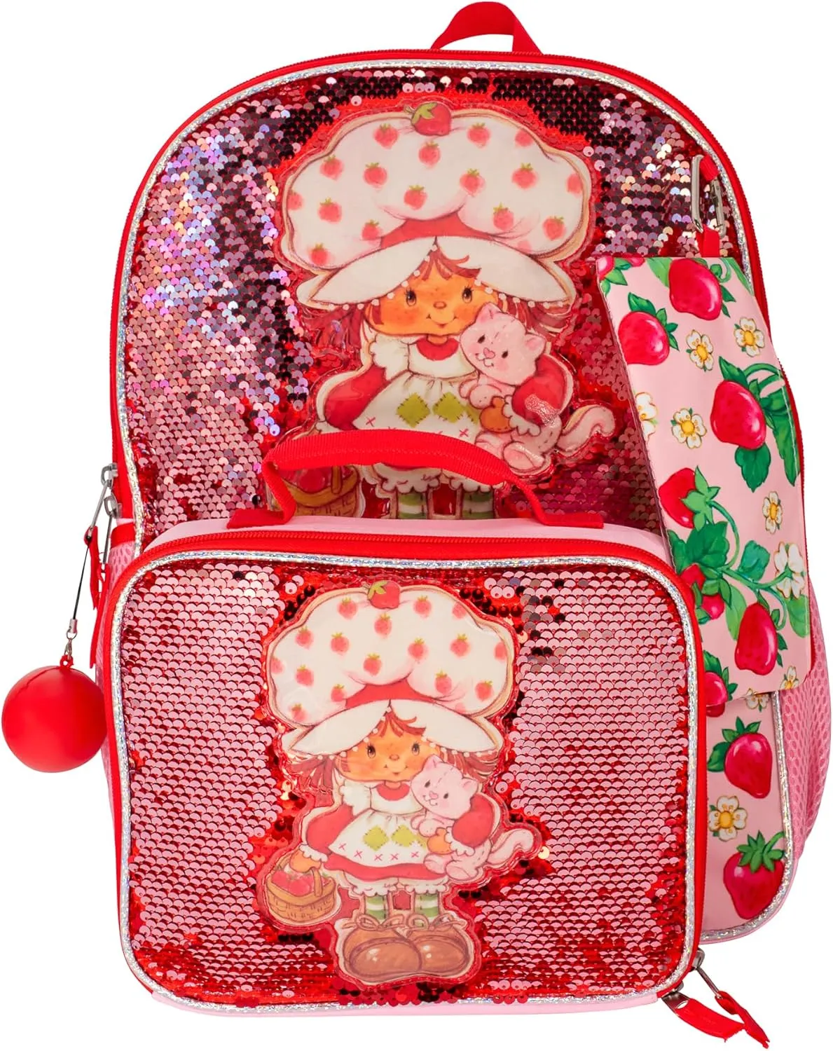 AI ACCESSORY INNOVATIONS Strawberry Shortcake 5 Piece Backpack Set, Flip Sequin Girls School Bag with Front Zip Pocket, 2 Side Mesh Pockets, Pink & Red