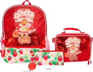 AI ACCESSORY INNOVATIONS Strawberry Shortcake 5 Piece Backpack Set, Flip Sequin Girls School Bag with Front Zip Pocket, 2 Side Mesh Pockets, Pink & Red