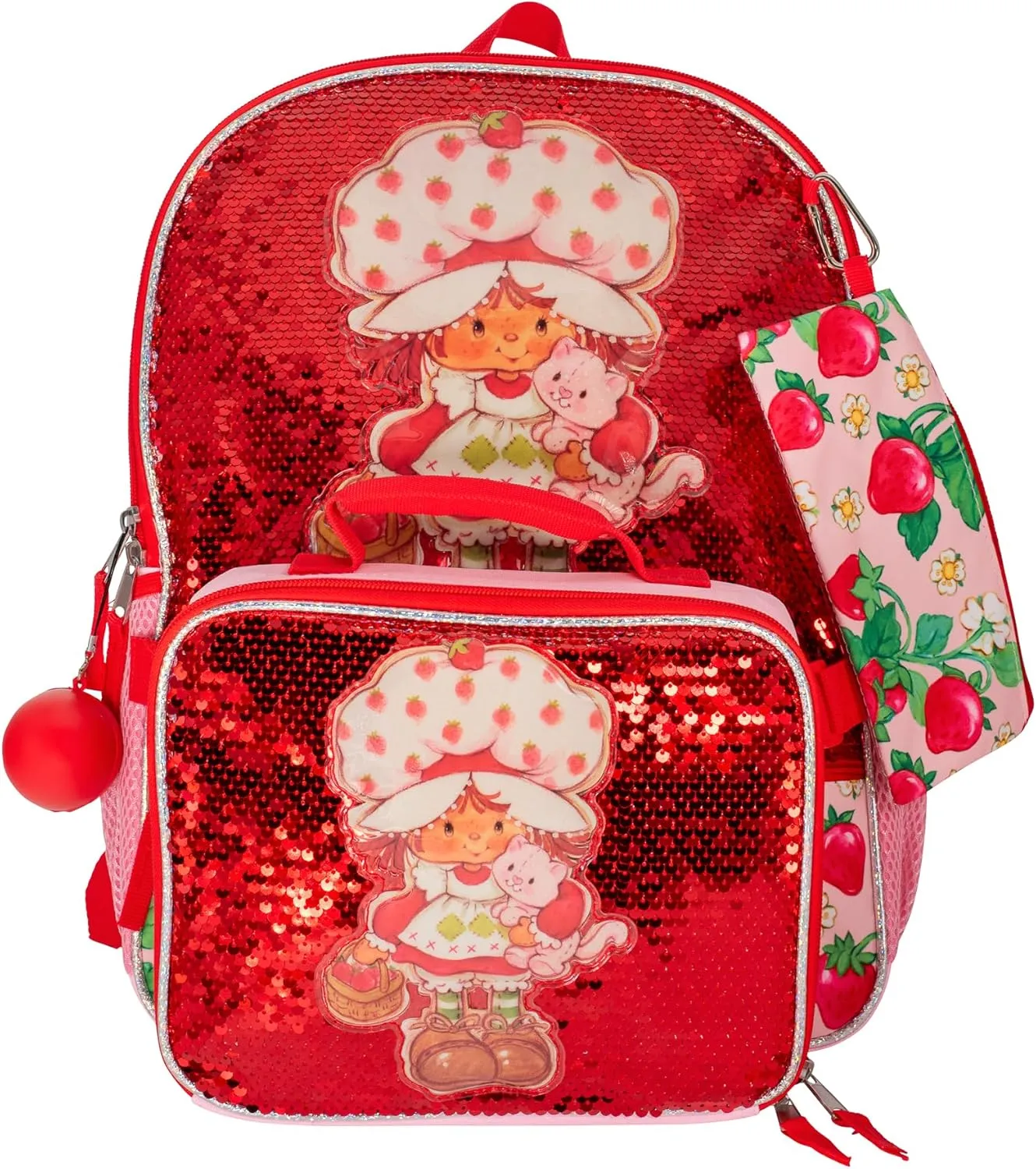 AI ACCESSORY INNOVATIONS Strawberry Shortcake 5 Piece Backpack Set, Flip Sequin Girls School Bag with Front Zip Pocket, 2 Side Mesh Pockets, Pink & Red