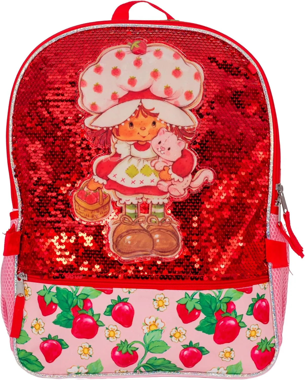 AI ACCESSORY INNOVATIONS Strawberry Shortcake 5 Piece Backpack Set, Flip Sequin Girls School Bag with Front Zip Pocket, 2 Side Mesh Pockets, Pink & Red
