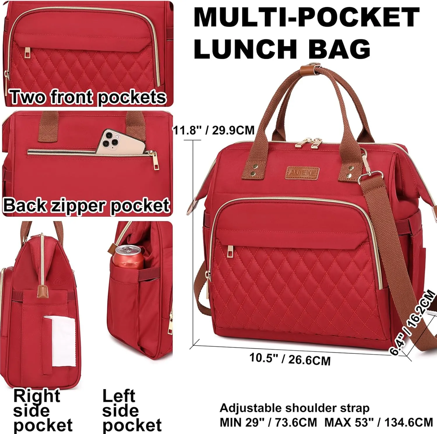 AIJIEKE Lunch Bag for Women, Large Lunch Box for Work Insulated Lunch Bag, Adult Leak Proof Lunch Tote Cooler Bag with Side Pockets & Adjustable Strap, Lunch Purse for Picnic Beach Hiking, Red