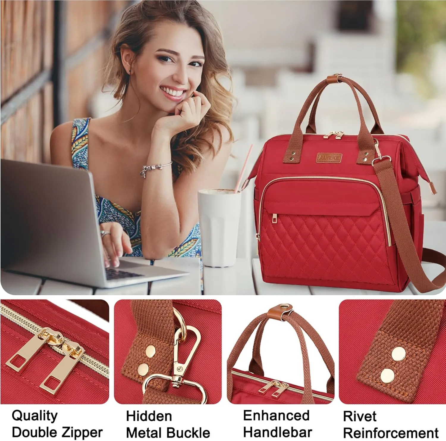 AIJIEKE Lunch Bag for Women, Large Lunch Box for Work Insulated Lunch Bag, Adult Leak Proof Lunch Tote Cooler Bag with Side Pockets & Adjustable Strap, Lunch Purse for Picnic Beach Hiking, Red