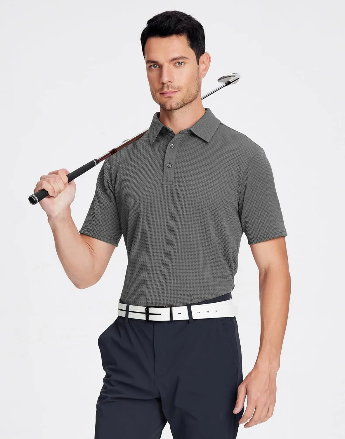 Alex Vando Mens Bubble Jacquard Polo Shirt Super Stretch Short Sleeve Polo Shirts for Men