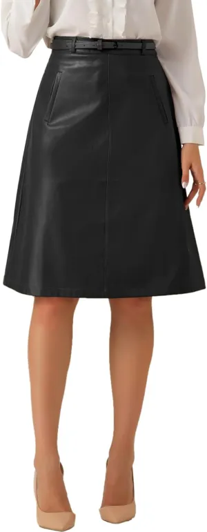 Allegra K Faux Leather Belted Skirts for Women's A-Line High Waist PU Midi Skirt 2024 Fall Outfits