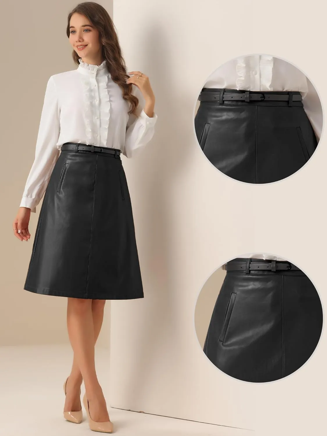 Allegra K Faux Leather Belted Skirts for Women's A-Line High Waist PU Midi Skirt 2024 Fall Outfits