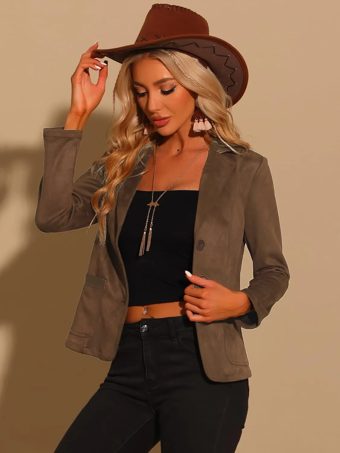 Allegra K Faux Suede Blazer for Women's Lapel Collar Button Front Long Sleeve Jacket