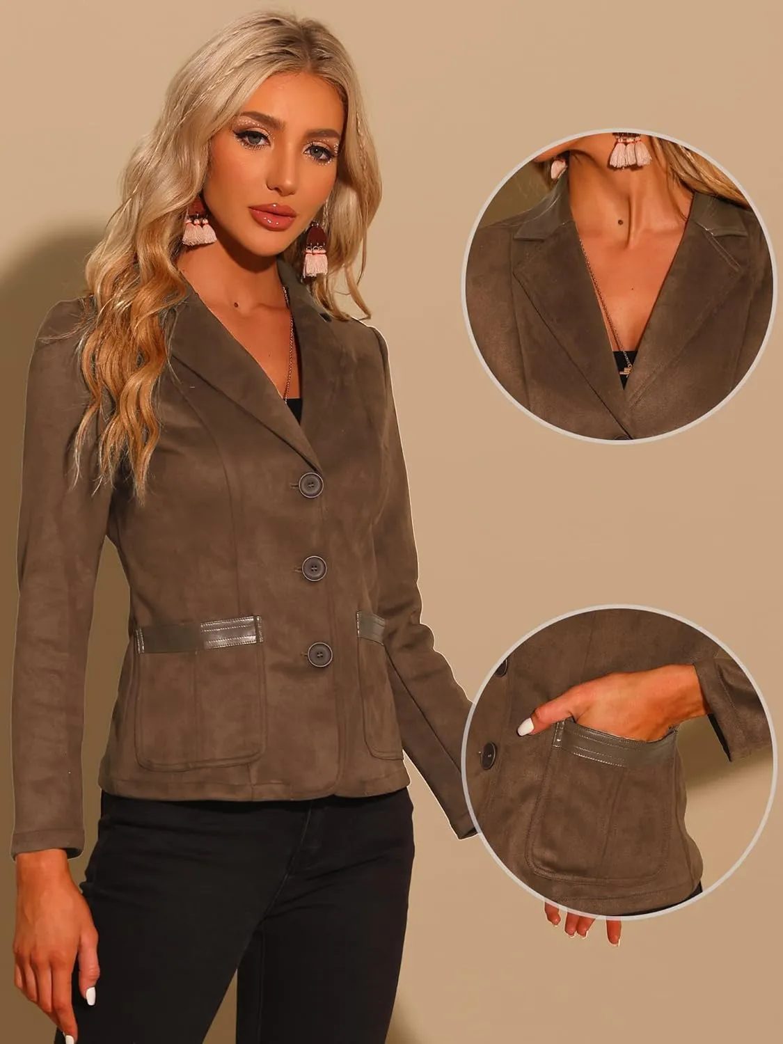 Allegra K Faux Suede Blazer for Women's Lapel Collar Button Front Long Sleeve Jacket