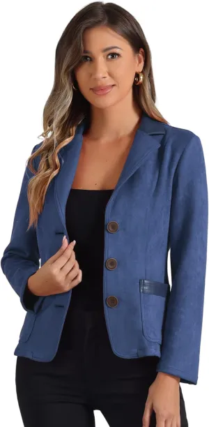 Allegra K Faux Suede Blazer for Women's Lapel Collar Button Front Long Sleeve Jacket
