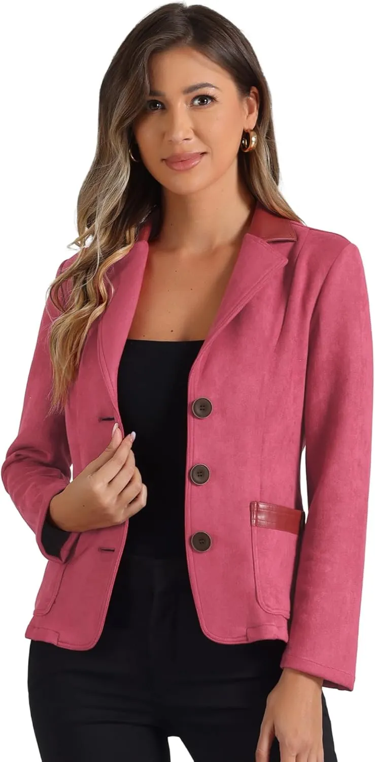 Allegra K Faux Suede Blazer for Women's Lapel Collar Button Front Long Sleeve Jacket