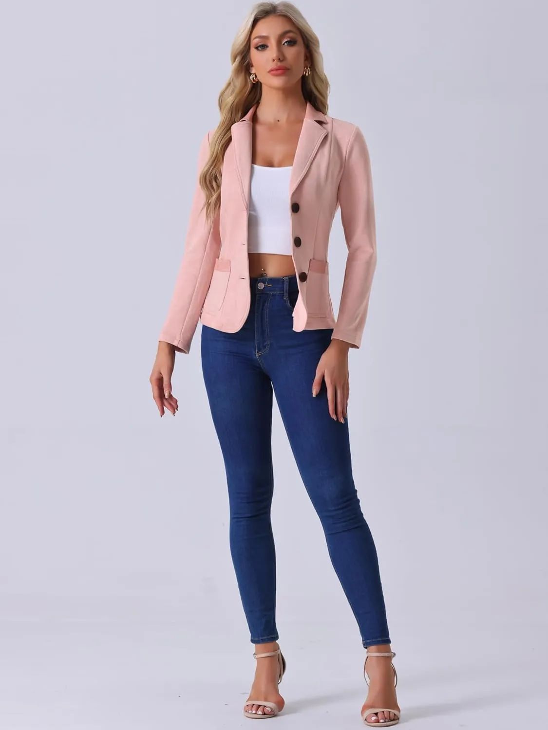 Allegra K Faux Suede Blazer for Women's Lapel Collar Button Front Long Sleeve Jacket