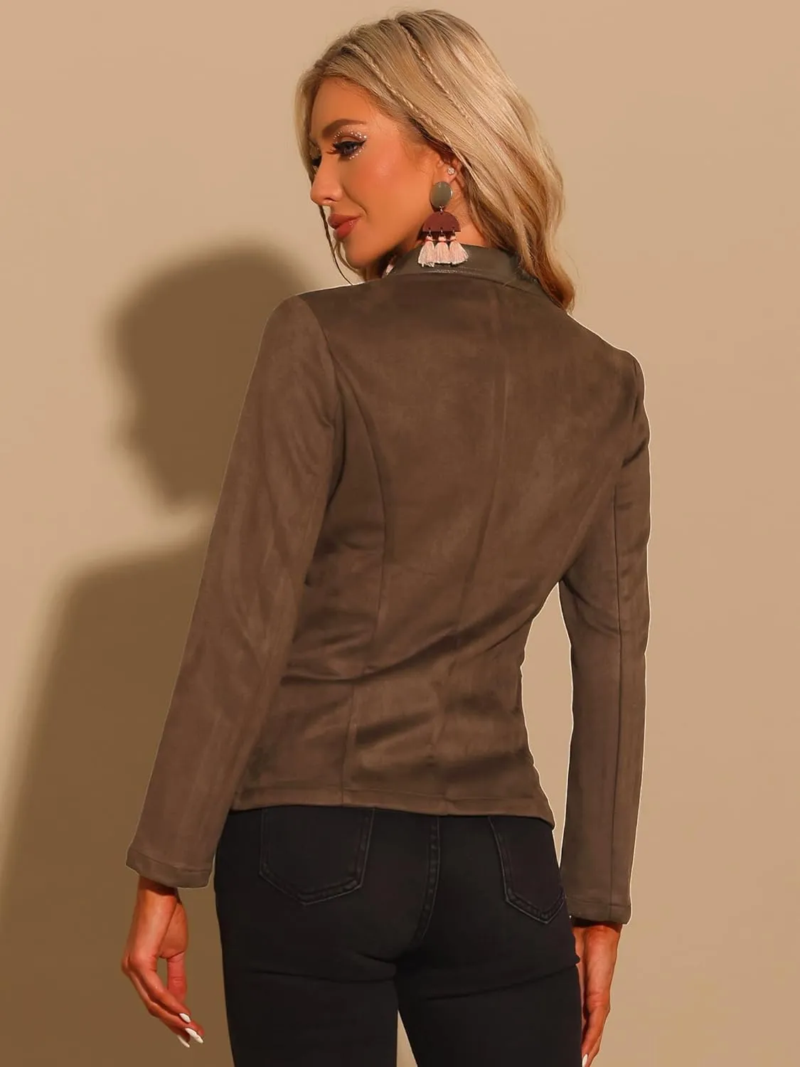 Allegra K Faux Suede Blazer for Women's Lapel Collar Button Front Long Sleeve Jacket