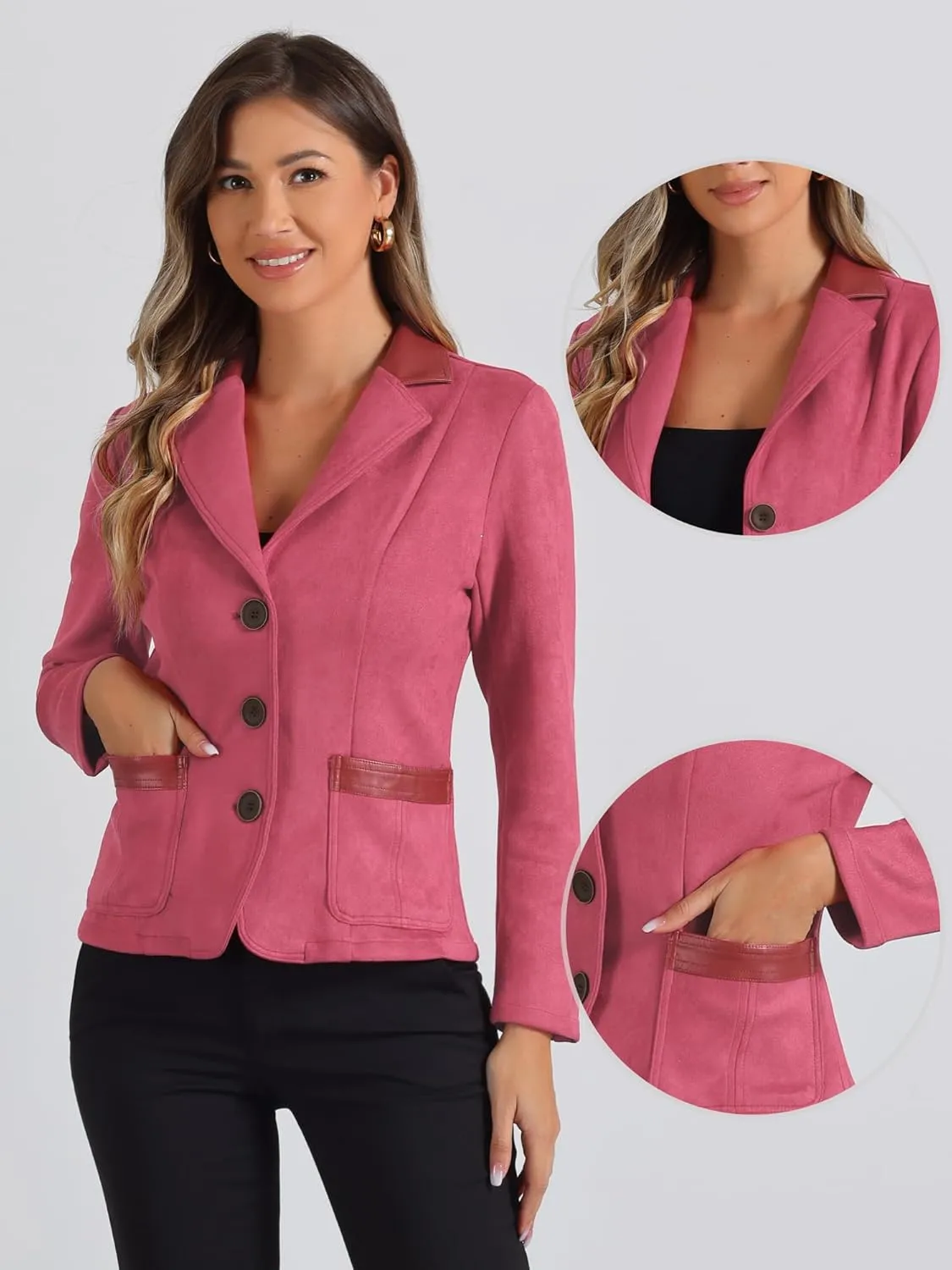 Allegra K Faux Suede Blazer for Women's Lapel Collar Button Front Long Sleeve Jacket