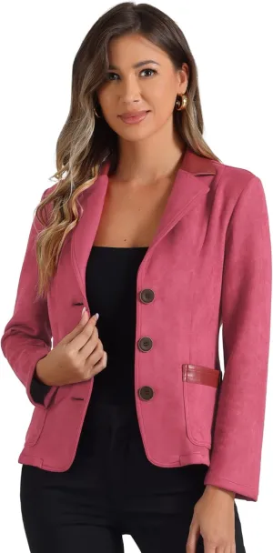 Allegra K Faux Suede Blazer for Women's Lapel Collar Button Front Long Sleeve Jacket