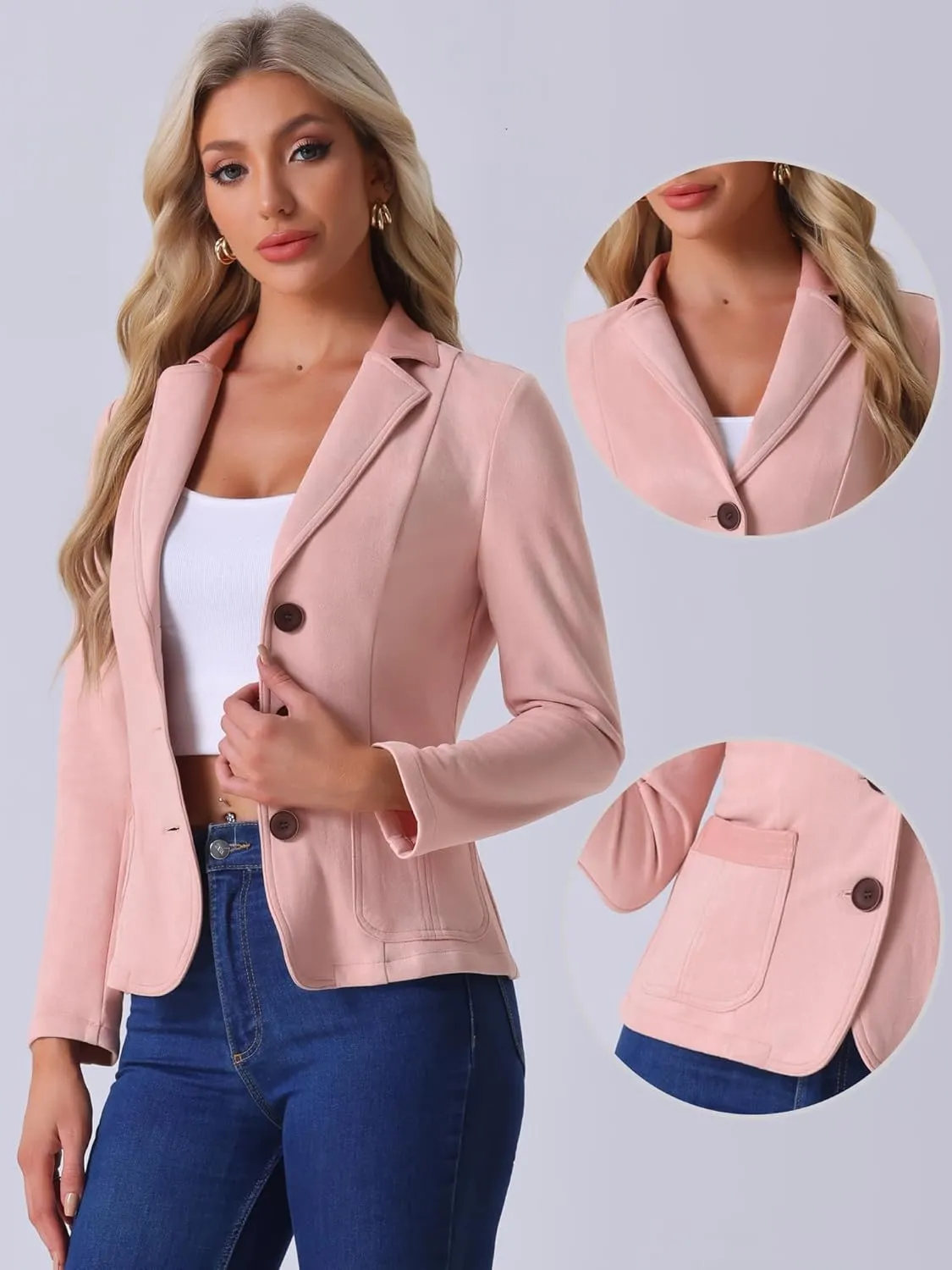 Allegra K Faux Suede Blazer for Women's Lapel Collar Button Front Long Sleeve Jacket