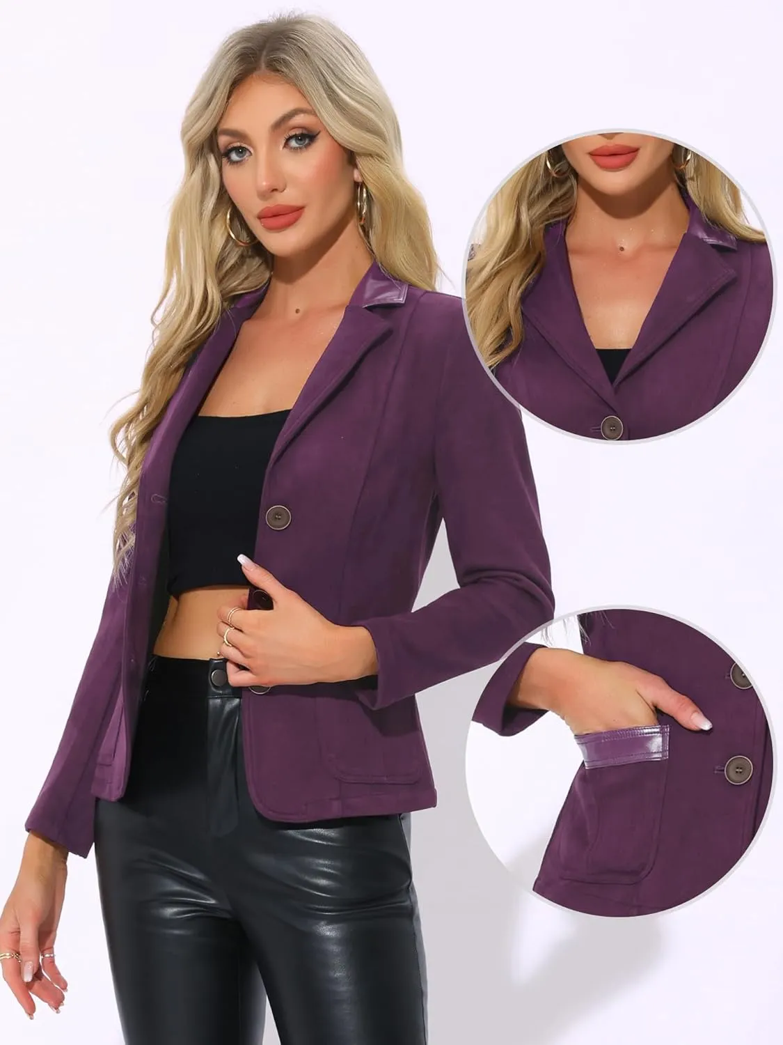 Allegra K Faux Suede Blazer for Women's Lapel Collar Button Front Long Sleeve Jacket