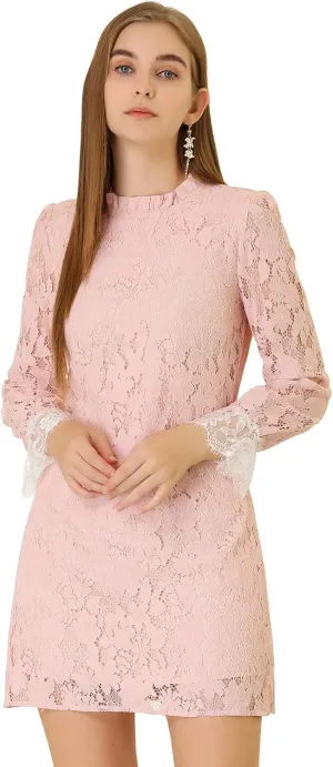 Allegra K Women's Cocktail Elegant Ruffle Crew Neck Floral Lace Shift Dress