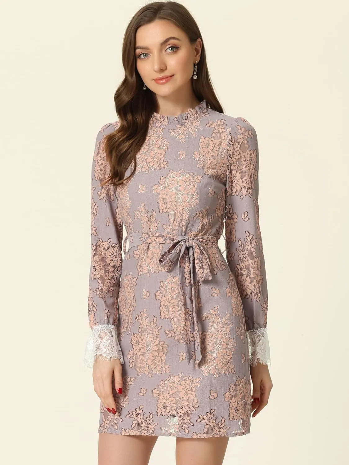 Allegra K Women's Cocktail Elegant Ruffle Crew Neck Floral Lace Shift Dress