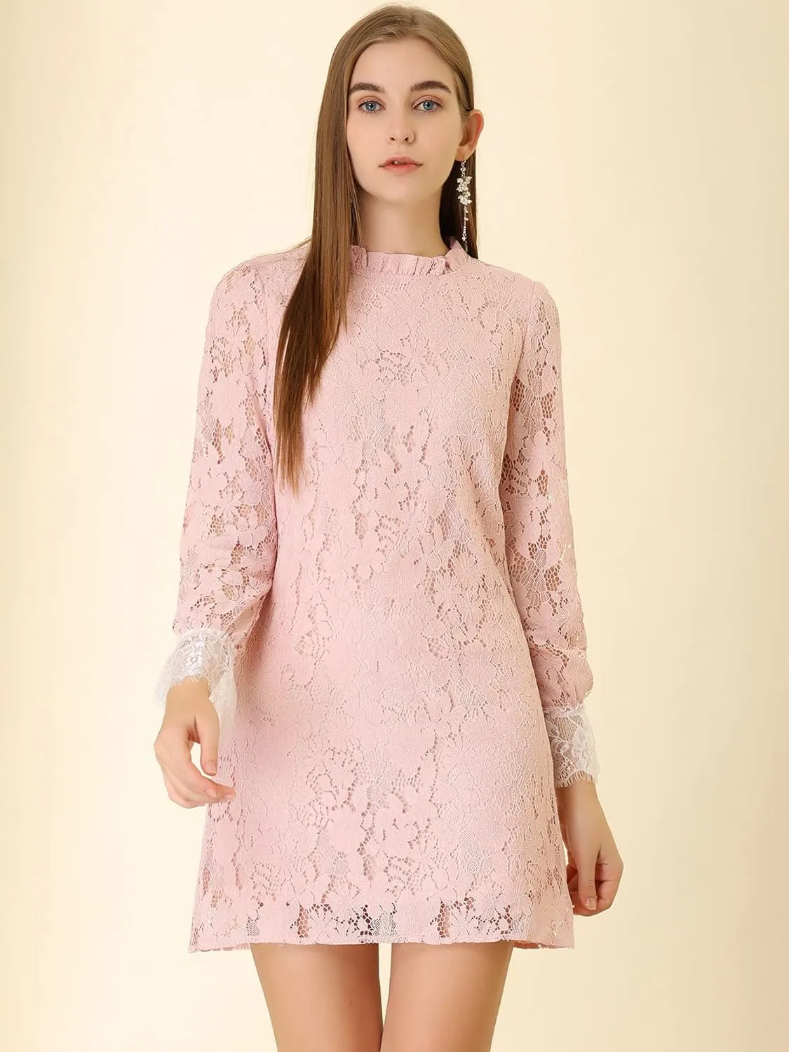 Allegra K Women's Cocktail Elegant Ruffle Crew Neck Floral Lace Shift Dress