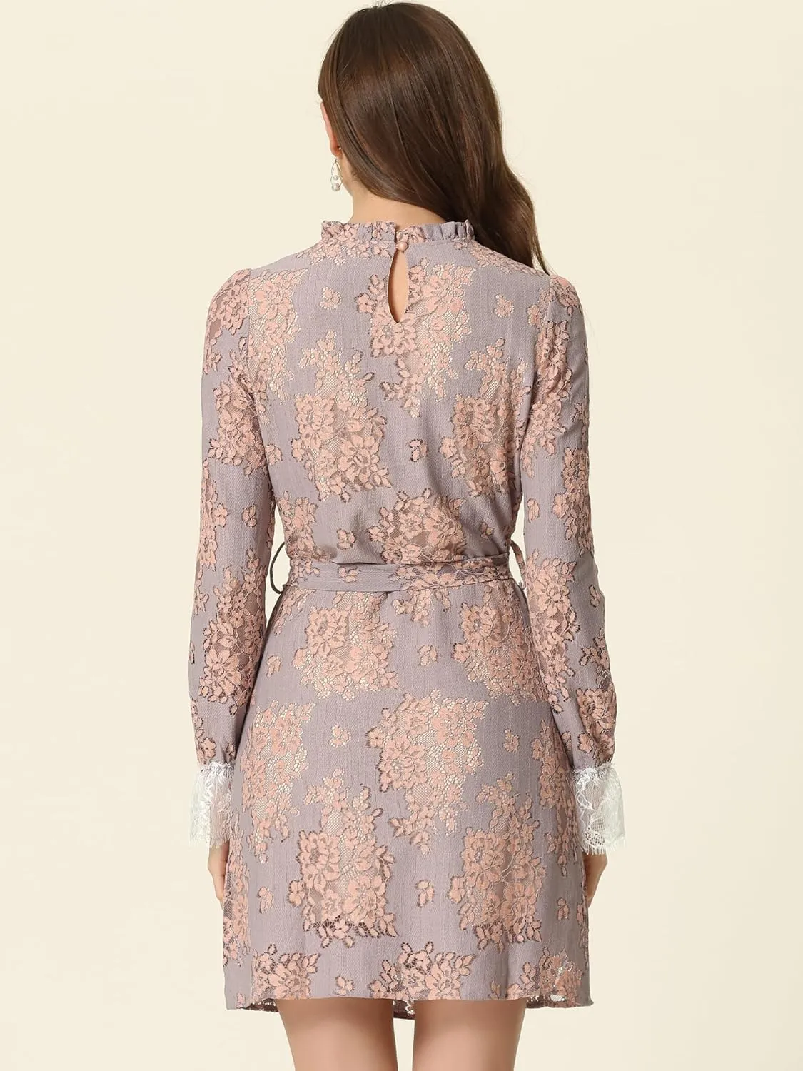 Allegra K Women's Cocktail Elegant Ruffle Crew Neck Floral Lace Shift Dress