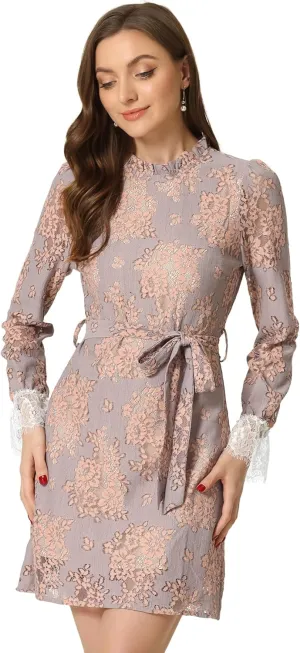 Allegra K Women's Cocktail Elegant Ruffle Crew Neck Floral Lace Shift Dress