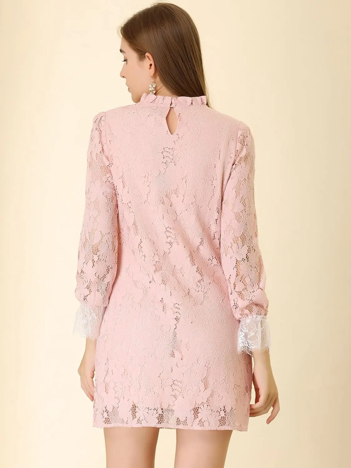 Allegra K Women's Cocktail Elegant Ruffle Crew Neck Floral Lace Shift Dress