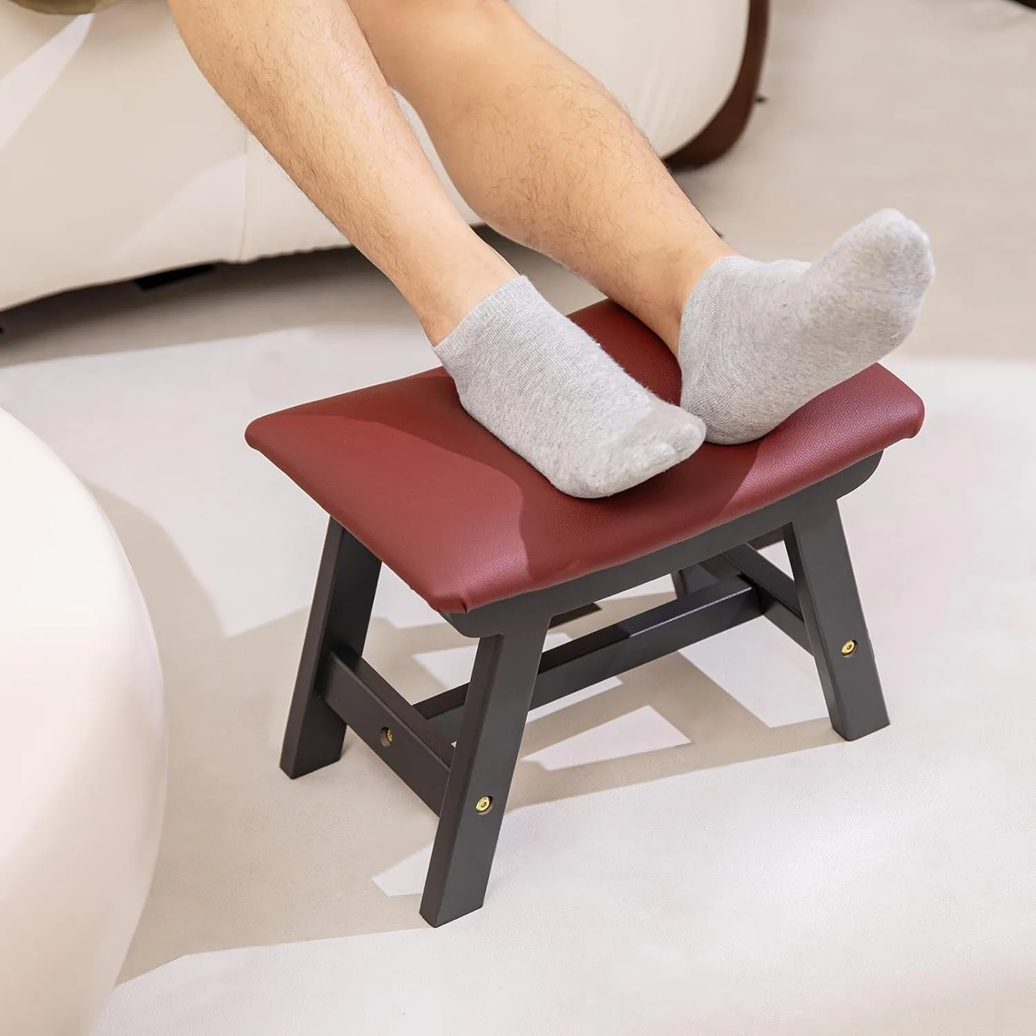 Allinside Faux Leather Ottoman Footstool, with Soft Curved Seat Cushion Sofa Foot Stool, Wooden Upholstered Foot Rest Under Desk, Extra Seating for Living Room, Entryway (Red-Brown)