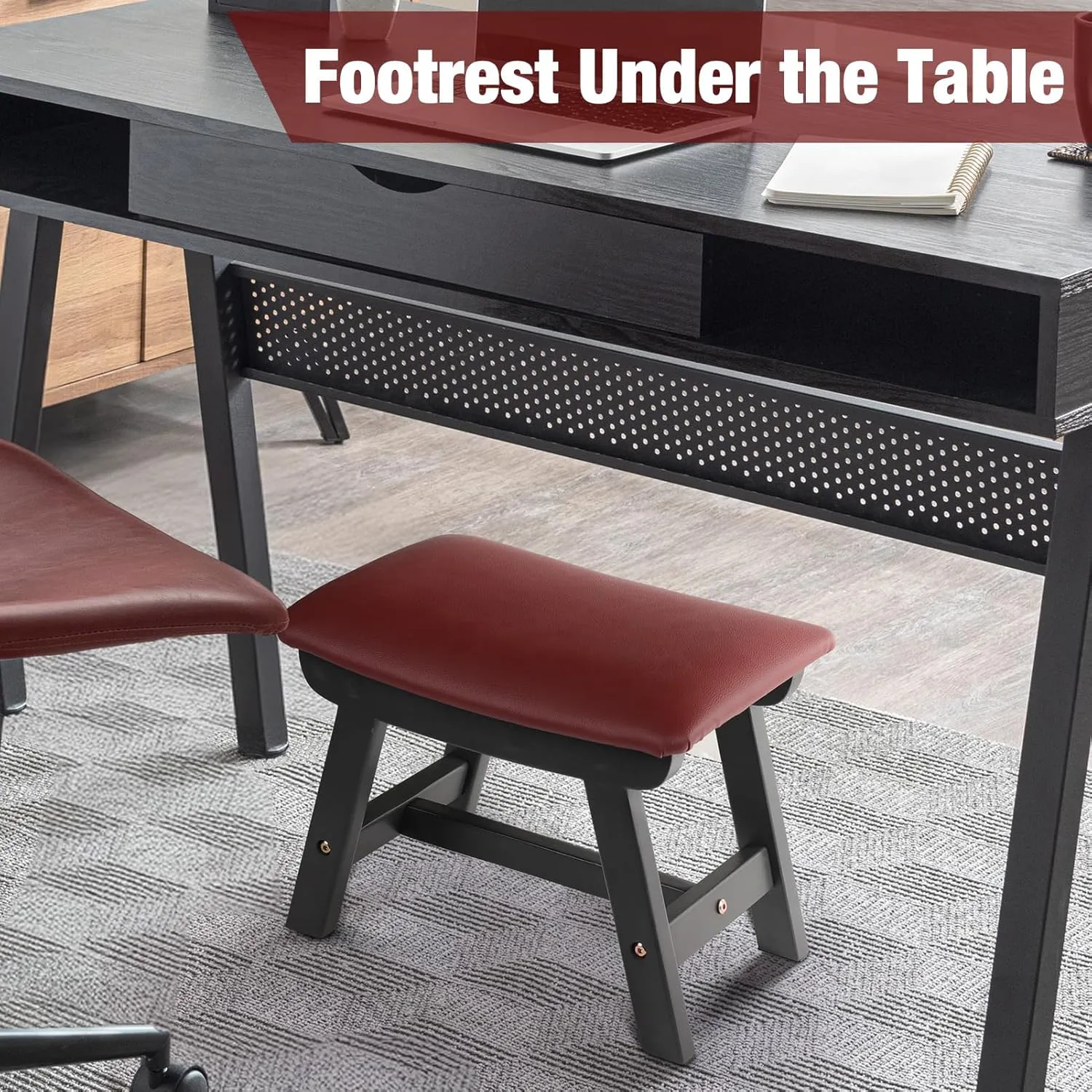 Allinside Faux Leather Ottoman Footstool, with Soft Curved Seat Cushion Sofa Foot Stool, Wooden Upholstered Foot Rest Under Desk, Extra Seating for Living Room, Entryway (Red-Brown)