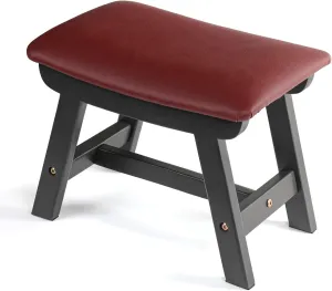 Allinside Faux Leather Ottoman Footstool, with Soft Curved Seat Cushion Sofa Foot Stool, Wooden Upholstered Foot Rest Under Desk, Extra Seating for Living Room, Entryway (Red-Brown)