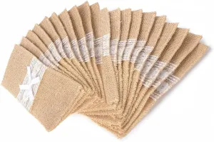 Alnicov 20PCS Natural Burlap Lace Utensil Cutlery Holders Pouch,Jute Napkin Holders Bags for Wedding Party Dinner Thanksgiving Banquet Tableware Decorations