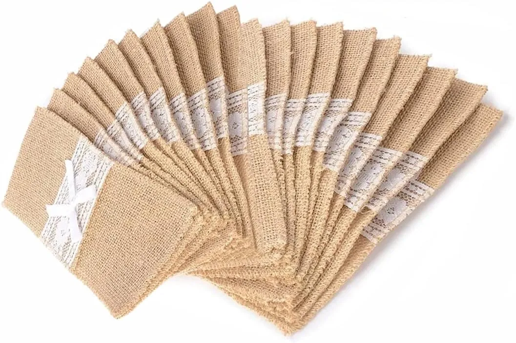 Alnicov 20PCS Natural Burlap Lace Utensil Cutlery Holders Pouch,Jute Napkin Holders Bags for Wedding Party Dinner Thanksgiving Banquet Tableware Decorations