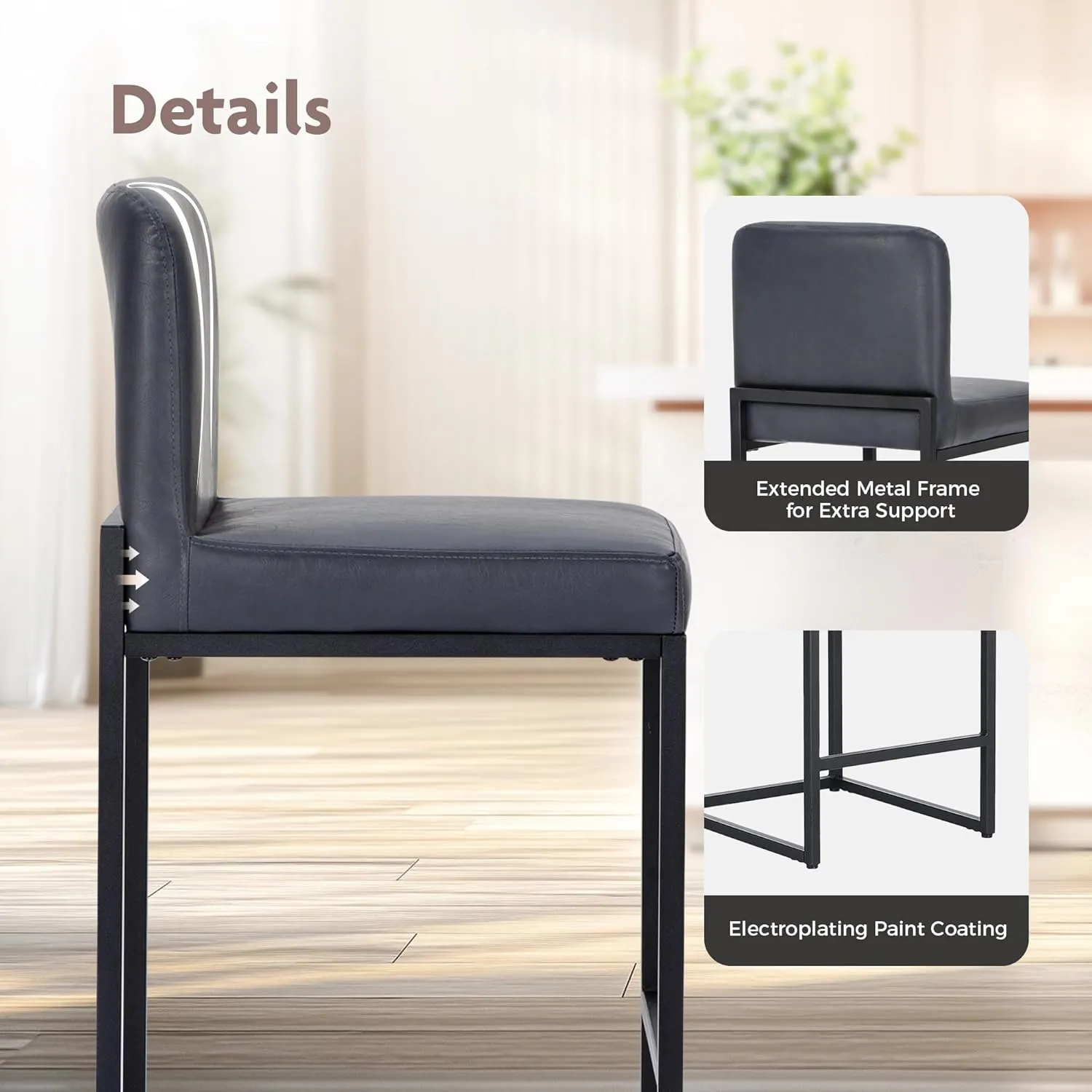 ALPHA HOME Counter Height Bar Stools, 24” Kitchen Counter Stools Set of 1, Pu Leather Kitchen Modern Bar Chairs with Back & Footrest, Sturdy Chromed Metal Steel Frame, Midnight Blue