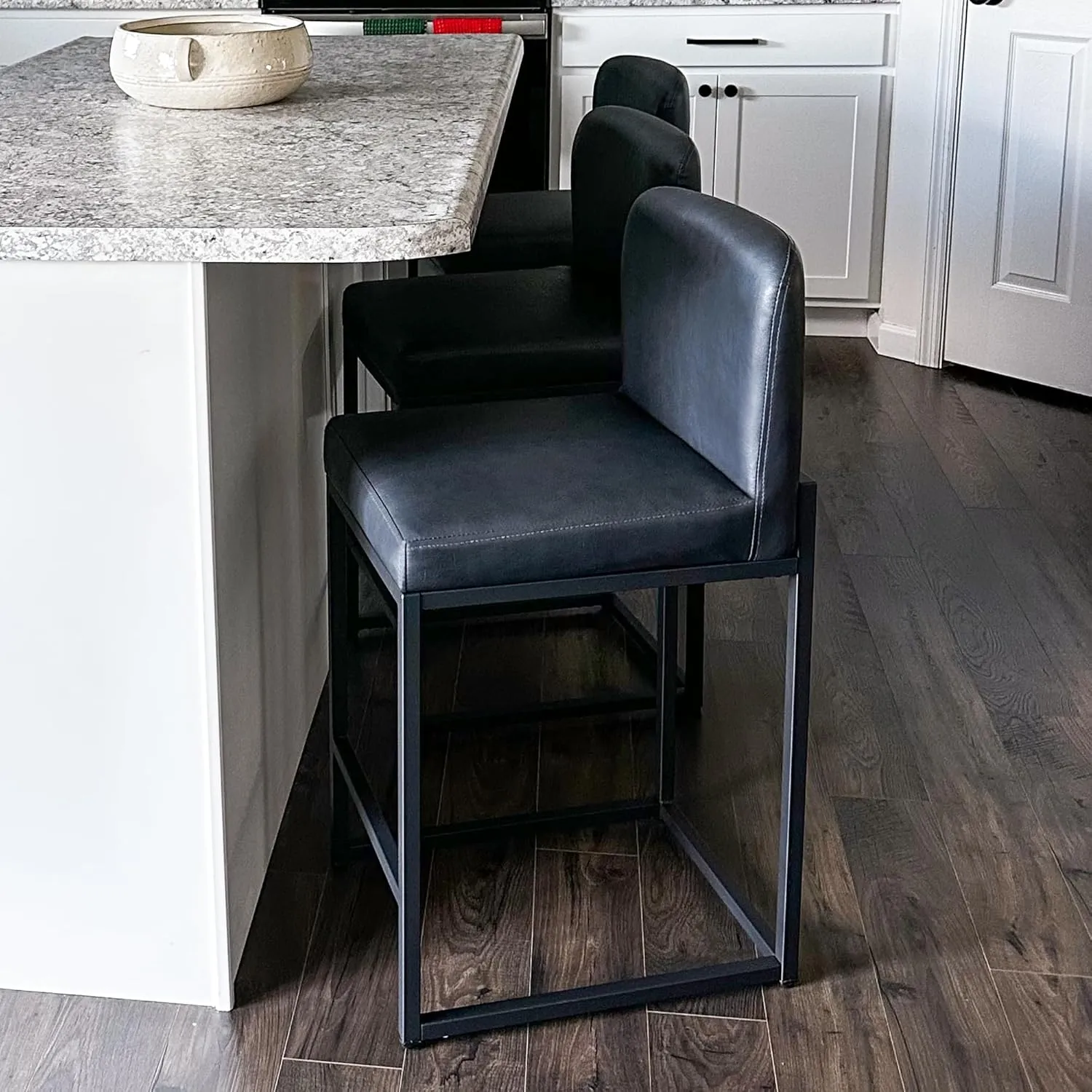ALPHA HOME Counter Height Bar Stools, 24” Kitchen Counter Stools Set of 1, Pu Leather Kitchen Modern Bar Chairs with Back & Footrest, Sturdy Chromed Metal Steel Frame, Midnight Blue