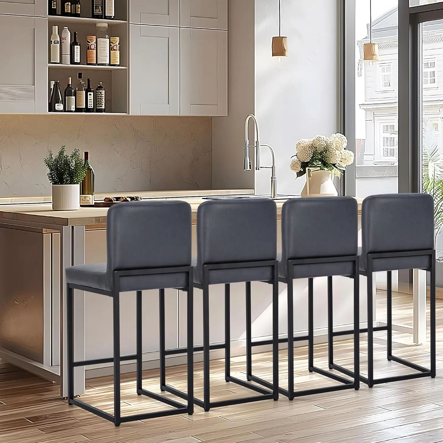 ALPHA HOME Counter Height Bar Stools, 24” Kitchen Counter Stools Set of 1, Pu Leather Kitchen Modern Bar Chairs with Back & Footrest, Sturdy Chromed Metal Steel Frame, Midnight Blue