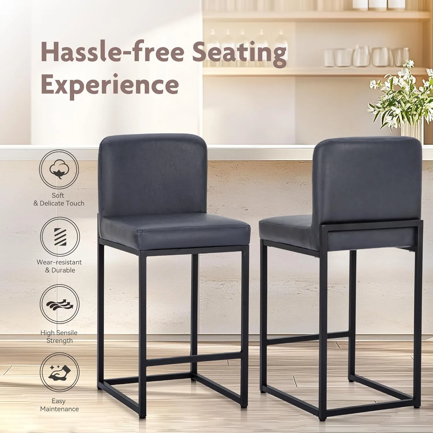 ALPHA HOME Counter Height Bar Stools, 24” Kitchen Counter Stools Set of 1, Pu Leather Kitchen Modern Bar Chairs with Back & Footrest, Sturdy Chromed Metal Steel Frame, Midnight Blue