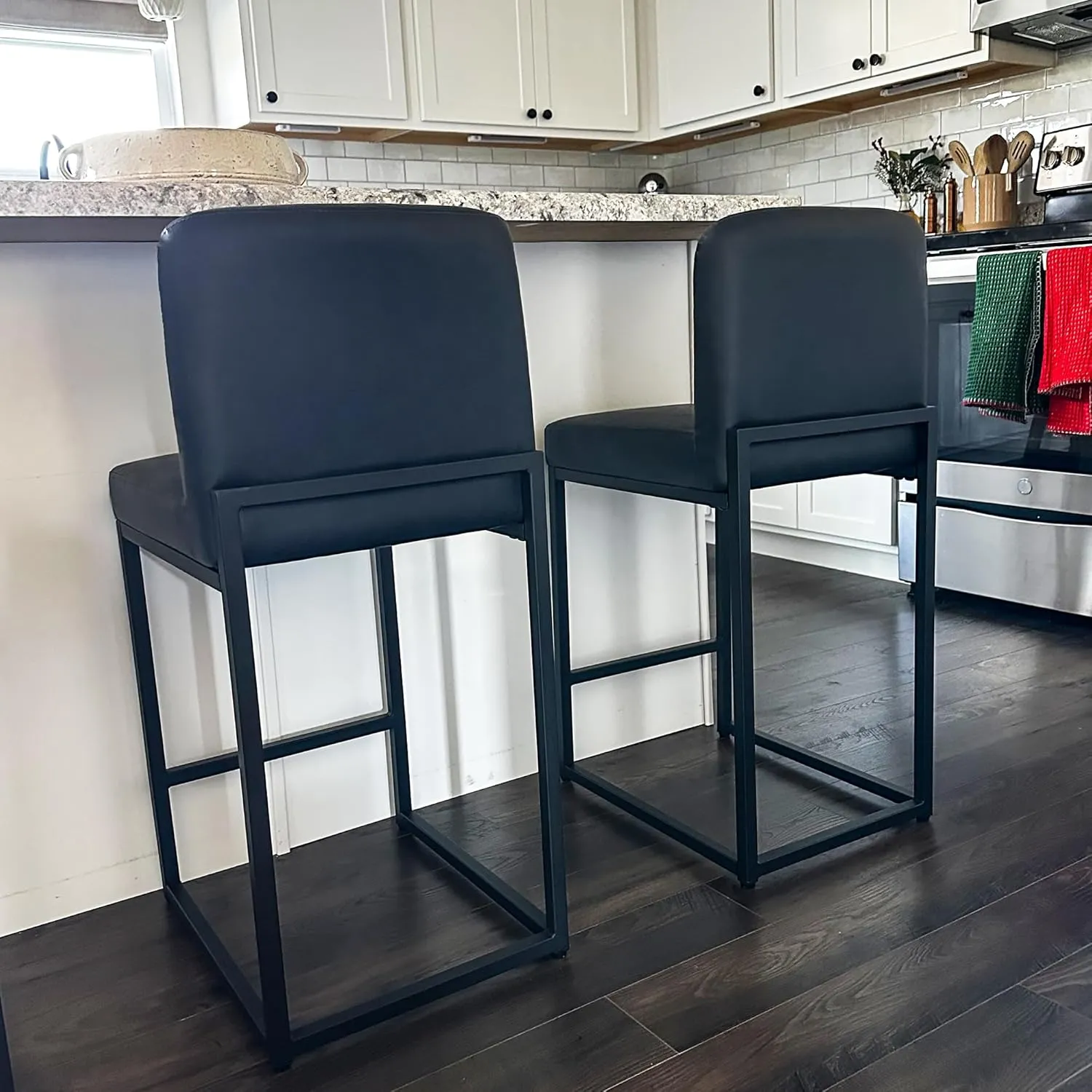 ALPHA HOME Counter Height Bar Stools, 24” Kitchen Counter Stools Set of 1, Pu Leather Kitchen Modern Bar Chairs with Back & Footrest, Sturdy Chromed Metal Steel Frame, Midnight Blue