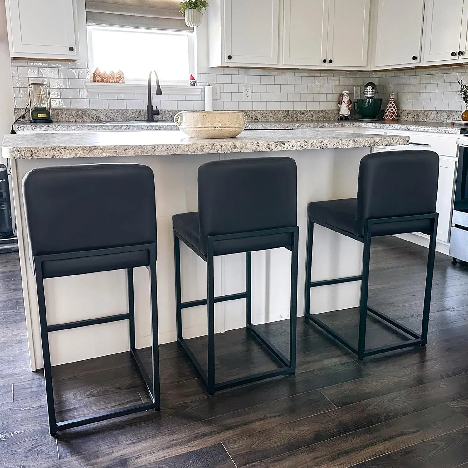 ALPHA HOME Counter Height Bar Stools, 24” Kitchen Counter Stools Set of 1, Pu Leather Kitchen Modern Bar Chairs with Back & Footrest, Sturdy Chromed Metal Steel Frame, Midnight Blue