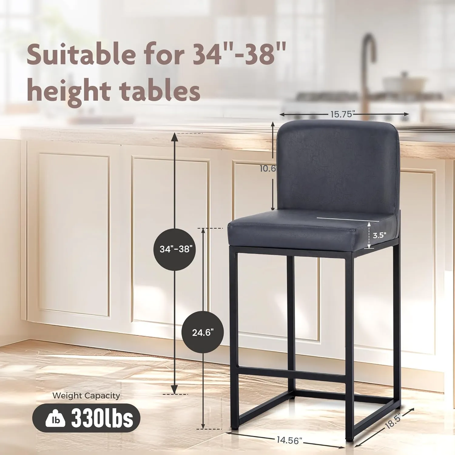 ALPHA HOME Counter Height Bar Stools, 24” Kitchen Counter Stools Set of 1, Pu Leather Kitchen Modern Bar Chairs with Back & Footrest, Sturdy Chromed Metal Steel Frame, Midnight Blue