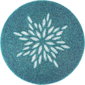 ALPHA Living HOME Beaded Table Mat - 13” Round Charger Plate | Handmade Beaded Placemats for Dining Table | Elegant Glass Bead & Polyester Design | Home & Kitchen Decor | (Silver Teal)