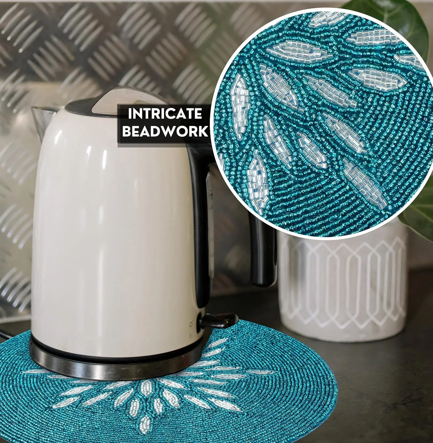 ALPHA Living HOME Beaded Table Mat - 13” Round Charger Plate | Handmade Beaded Placemats for Dining Table | Elegant Glass Bead & Polyester Design | Home & Kitchen Decor | (Silver Teal)