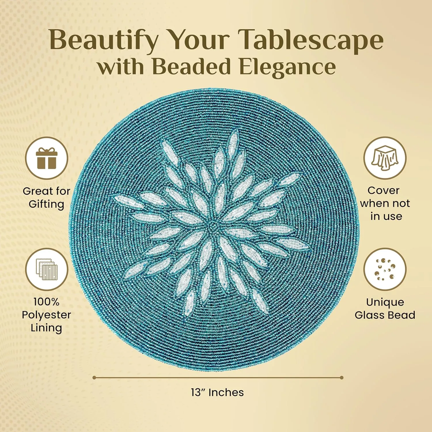 ALPHA Living HOME Beaded Table Mat - 13” Round Charger Plate | Handmade Beaded Placemats for Dining Table | Elegant Glass Bead & Polyester Design | Home & Kitchen Decor | (Silver Teal)
