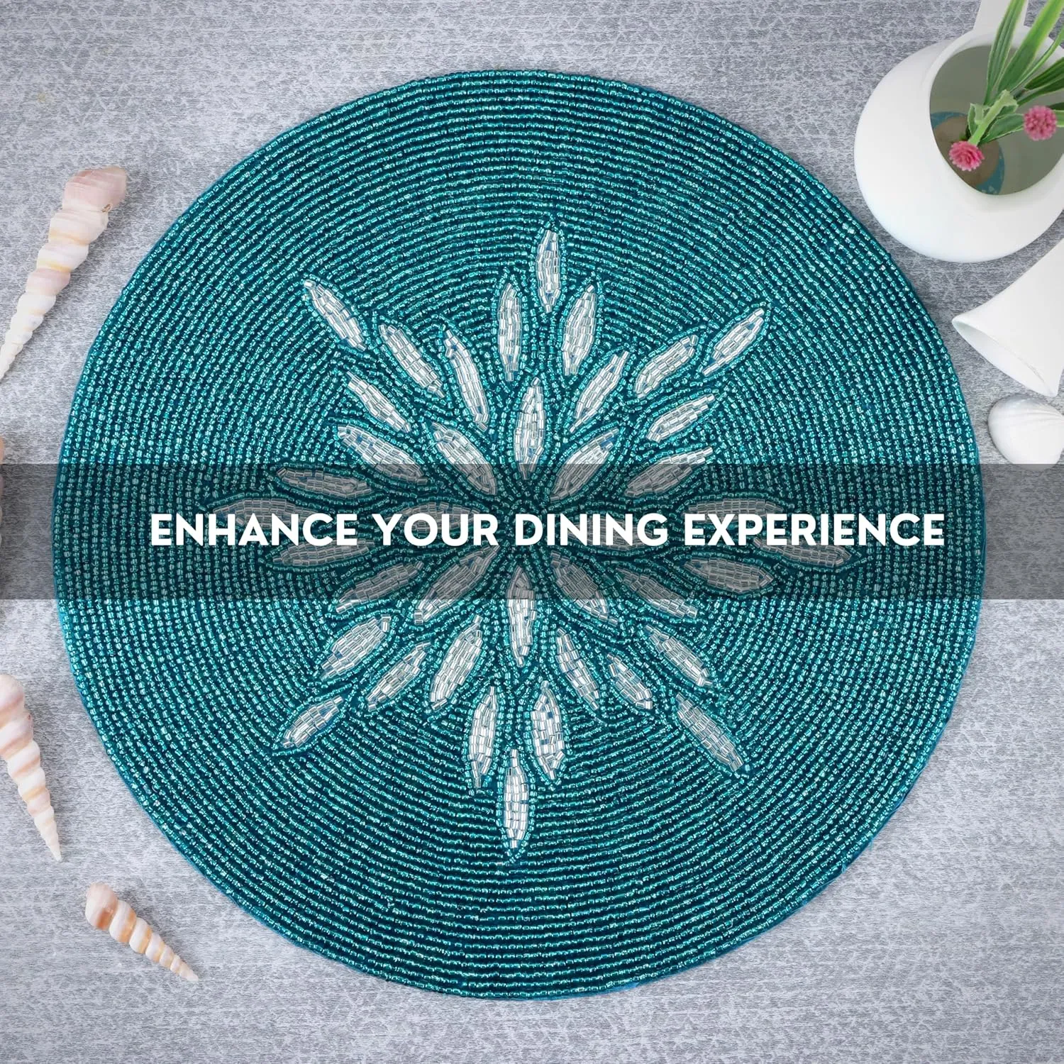 ALPHA Living HOME Beaded Table Mat - 13” Round Charger Plate | Handmade Beaded Placemats for Dining Table | Elegant Glass Bead & Polyester Design | Home & Kitchen Decor | (Silver Teal)
