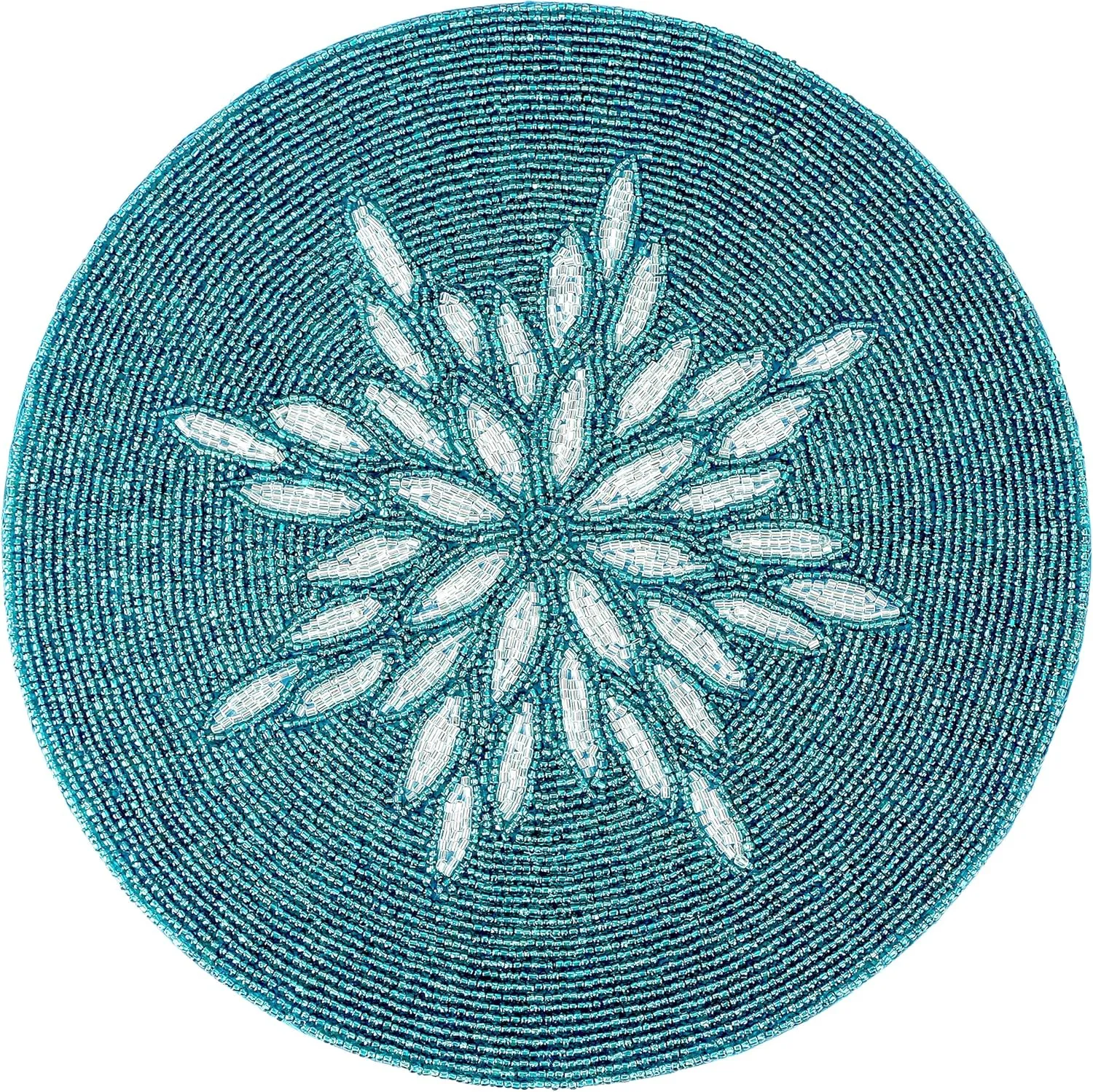ALPHA Living HOME Beaded Table Mat - 13” Round Charger Plate | Handmade Beaded Placemats for Dining Table | Elegant Glass Bead & Polyester Design | Home & Kitchen Decor | (Silver Teal)