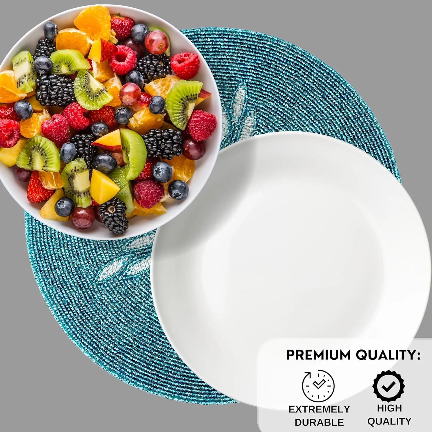 ALPHA Living HOME Beaded Table Mat - 13” Round Charger Plate | Handmade Beaded Placemats for Dining Table | Elegant Glass Bead & Polyester Design | Home & Kitchen Decor | (Silver Teal)