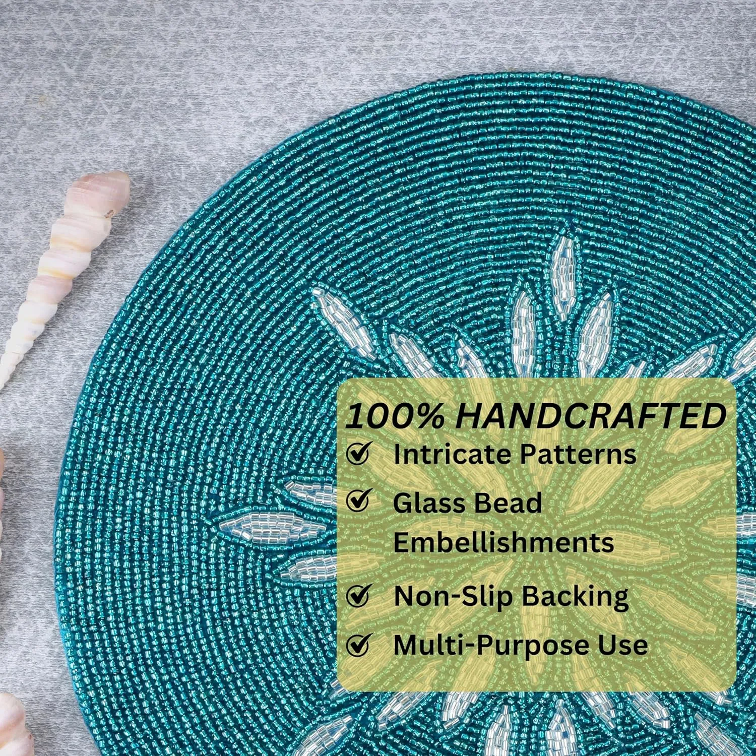 ALPHA Living HOME Beaded Table Mat - 13” Round Charger Plate | Handmade Beaded Placemats for Dining Table | Elegant Glass Bead & Polyester Design | Home & Kitchen Decor | (Silver Teal)