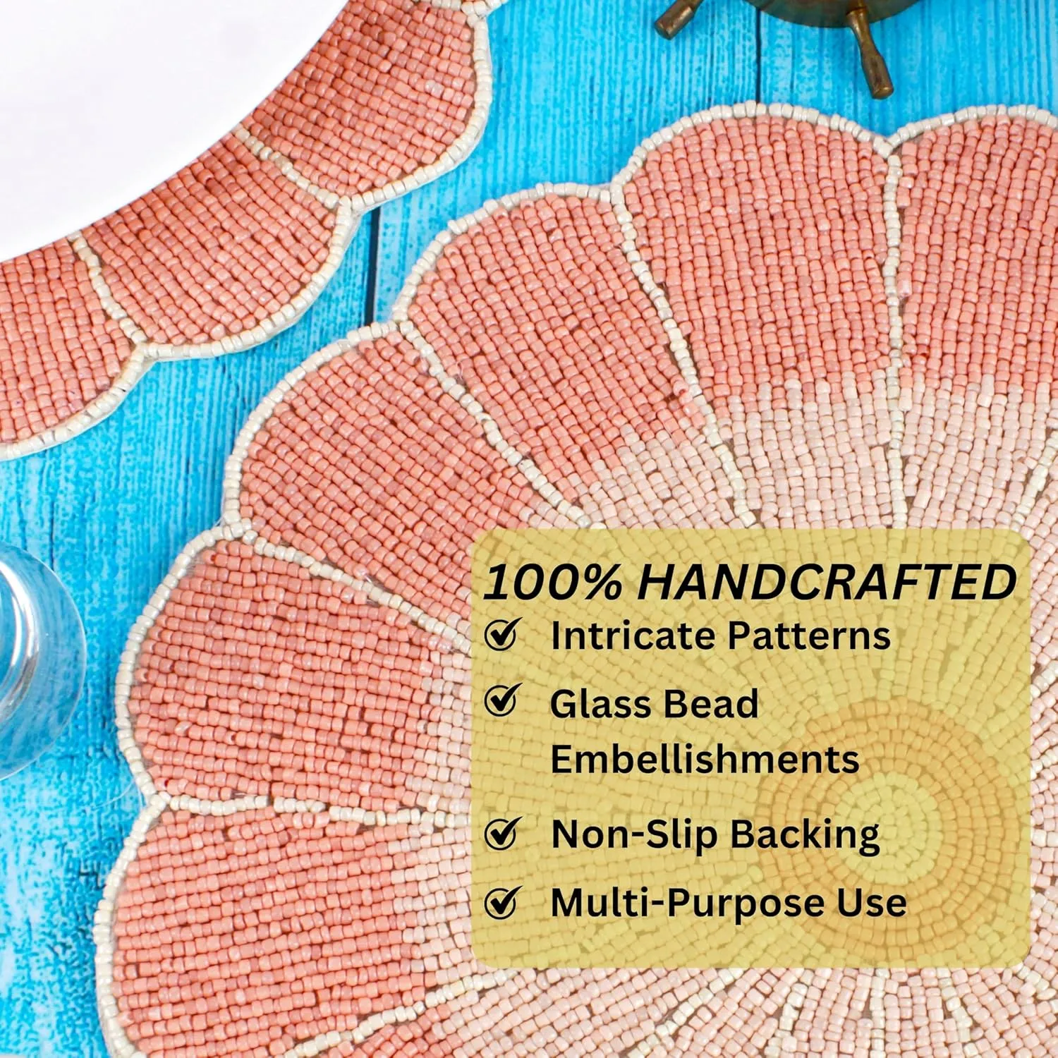 ALPHA Living HOME - Pastel Beaded Placemats - 13” Round Charger Plate | Handmade Dining Table Mats | Elegant Glass Bead & Polyester | Decorative Table Linens for Home, Wedding, Christmas & Halloween