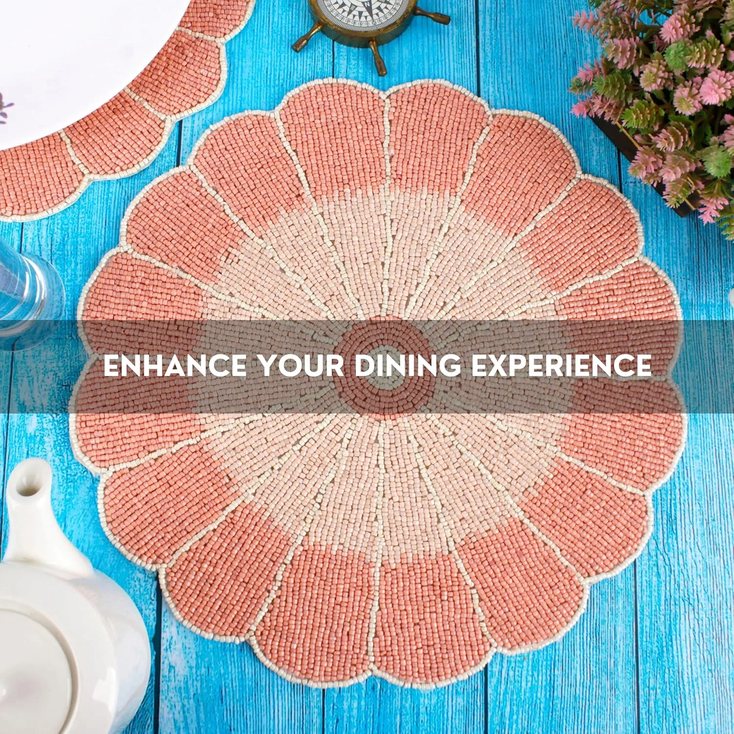 ALPHA Living HOME - Pastel Beaded Placemats - 13” Round Charger Plate | Handmade Dining Table Mats | Elegant Glass Bead & Polyester | Decorative Table Linens for Home, Wedding, Christmas & Halloween