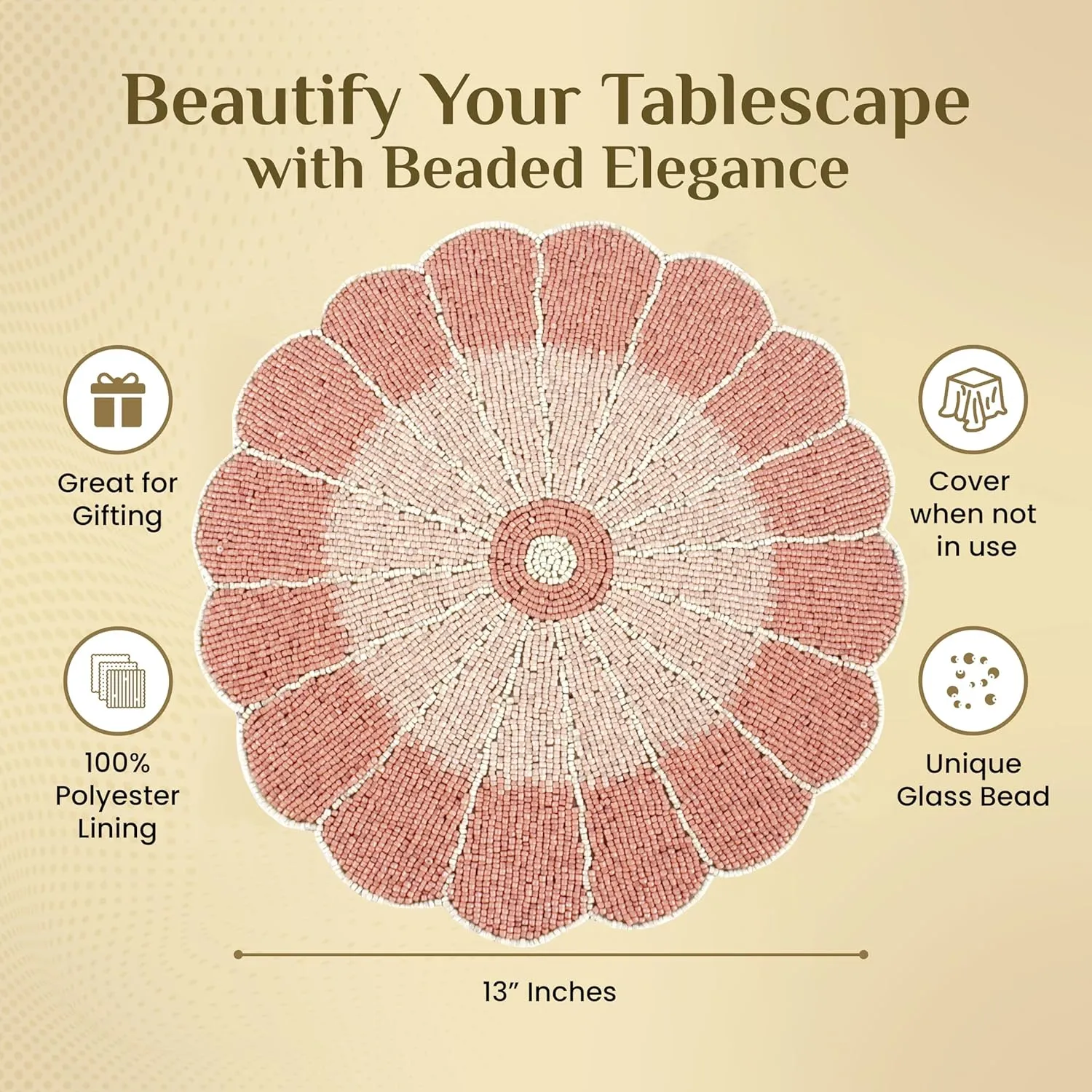 ALPHA Living HOME - Pastel Beaded Placemats - 13” Round Charger Plate | Handmade Dining Table Mats | Elegant Glass Bead & Polyester | Decorative Table Linens for Home, Wedding, Christmas & Halloween